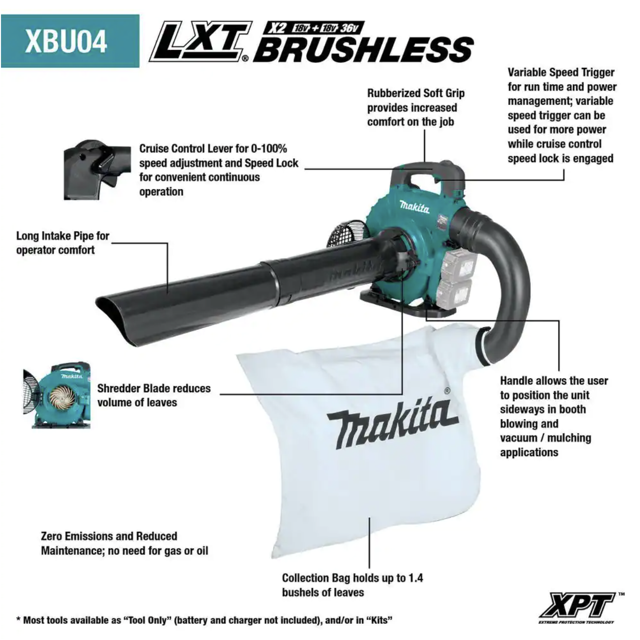 Makita 120MPH 473CFM 18V X2 (36V) LXT Lithium-Ion Brushless Cordless Blower with Vacuum Attachment Kit， Tool-Only (XBU04ZV)