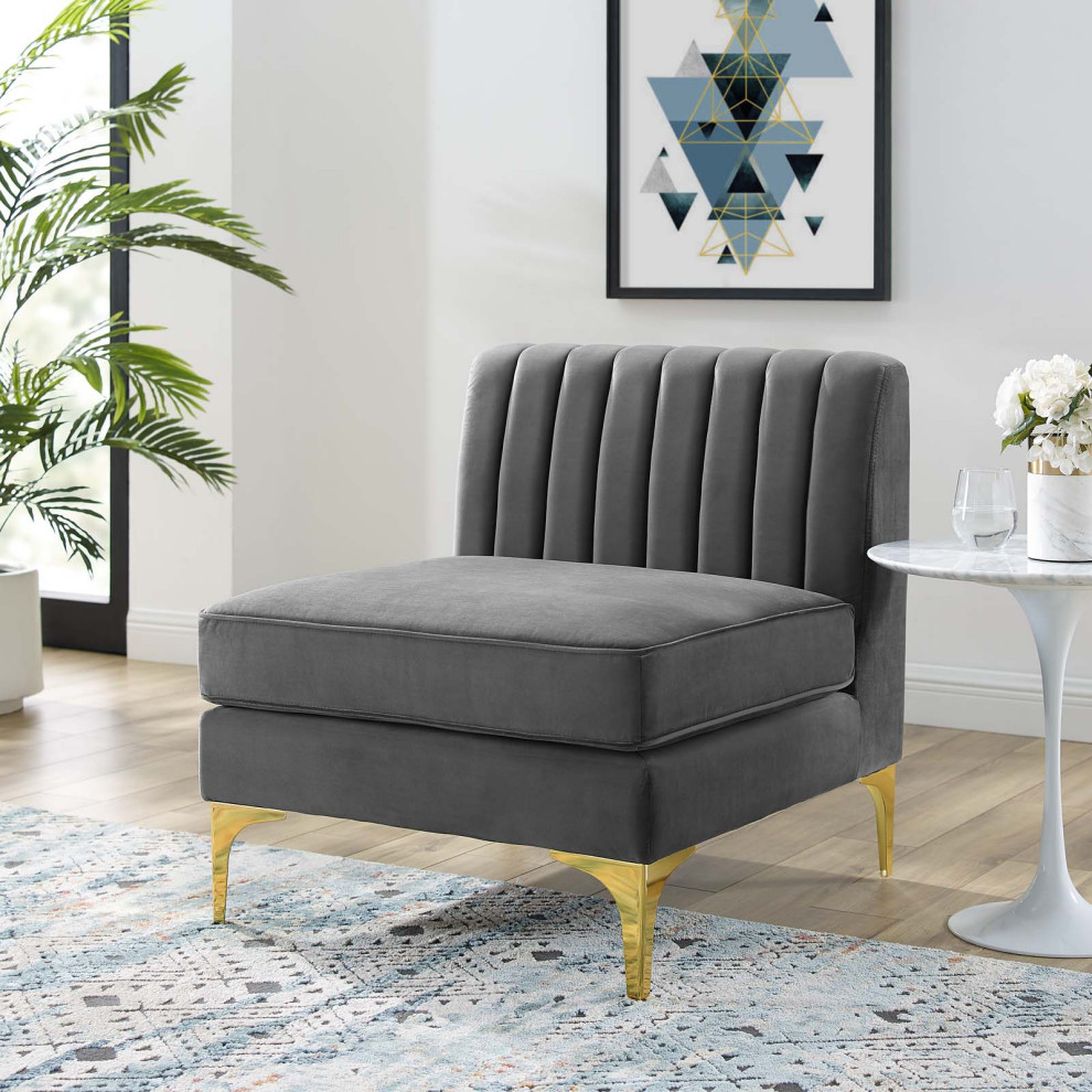 Tufted Sofa Middle Chair  Velvet  Gray  Modern  Living Lounge Hospitality   Midcentury   Armchairs And Accent Chairs   by House Bound  Houzz