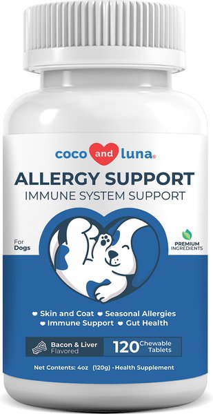 Coco and Luna Allergy Relief Immune System Health Bacon and Liver Flavor Chewable Tablets Dog Supplement， 120 count