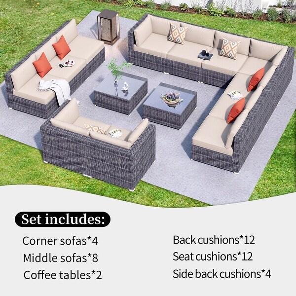 OVIOS 14piece Deep Seat Wicker Conversation Sectional Set with Glasstop Table