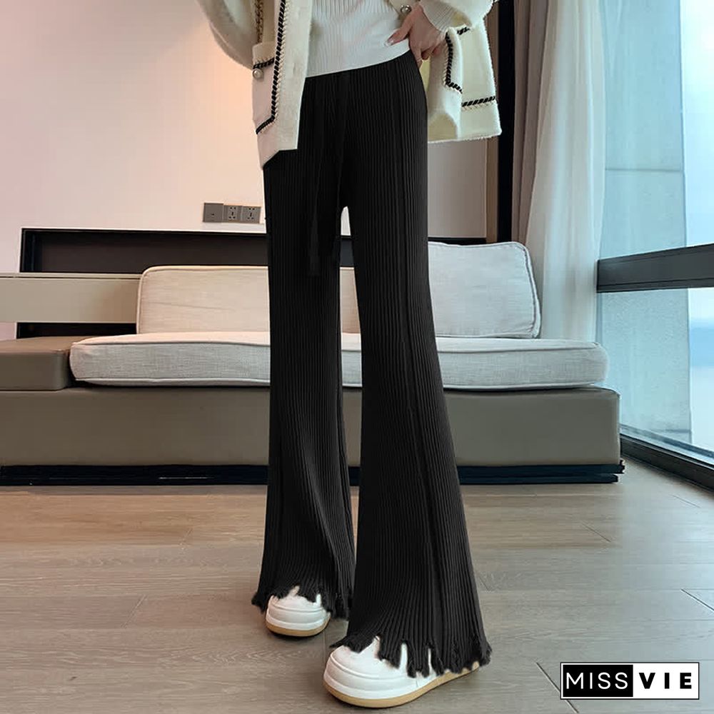 Chic Pure Color Knit Fringed Casual Pants