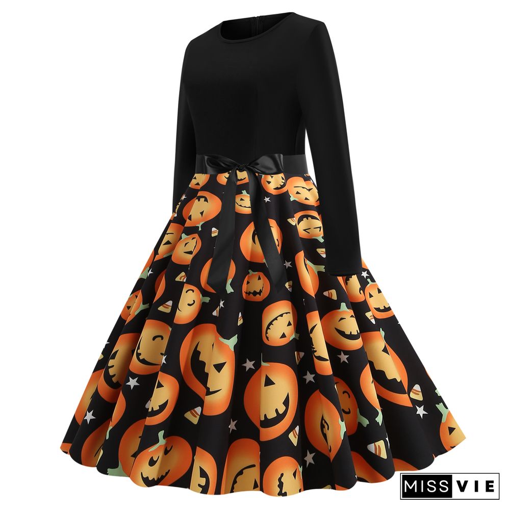 Halloween Print Stitching Long-Sleeved Big Dress