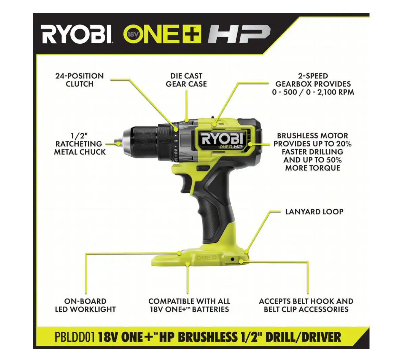 RYOBI PBLDD01B ONE+ HP 18V Brushless Cordless 1/2 in. Drill/Driver (Tool Only)