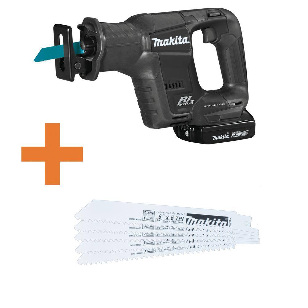 Makita 18V LXT Sub-Compact Lithium-Ion Brushless Recipro Saw Kit (2.0 Ah) with Bonus 6 in. Wood Cutting Saw Blade (5-Pack) XRJ07R1B-723058