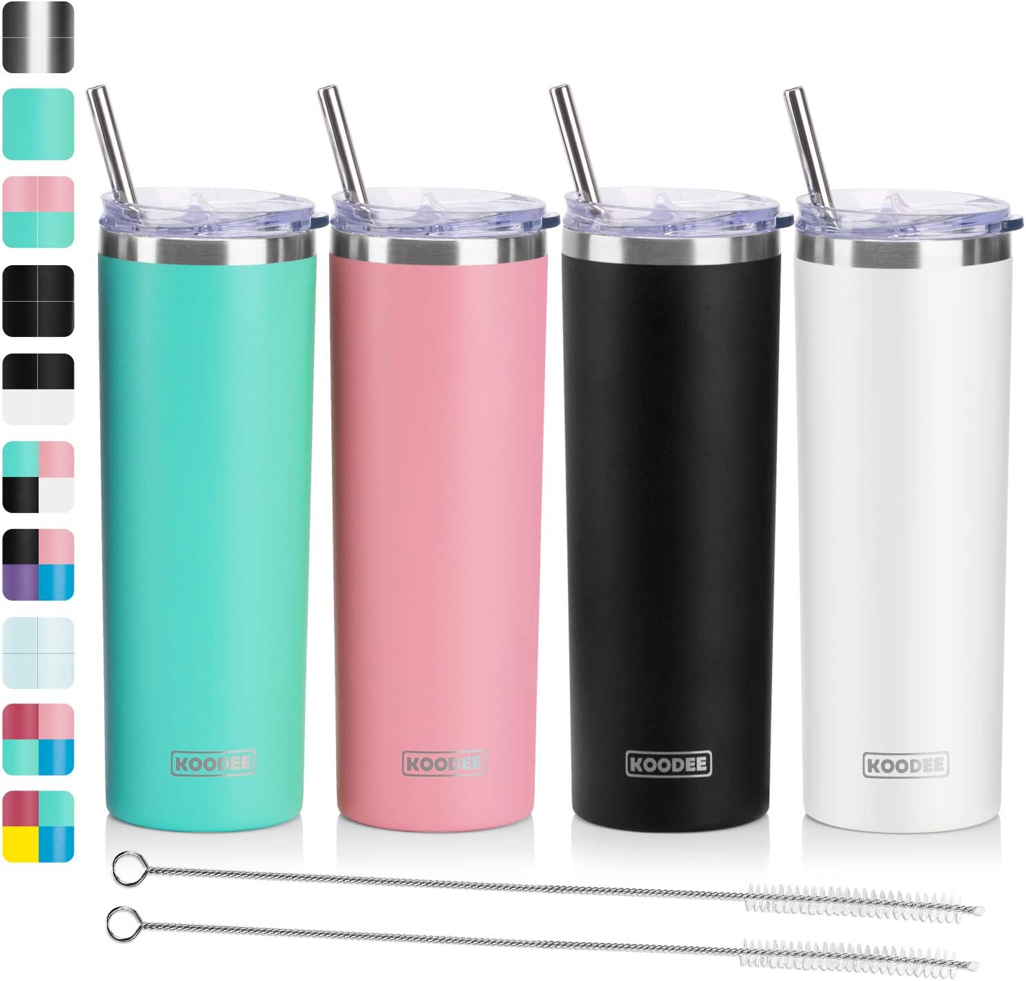 koodee 20 oz Skinny Tumblers (4 Pack) Stainless Steel Insulated Tumbler with Lids， Straws and Straw Brushes（Teal/Pink/Black/White）