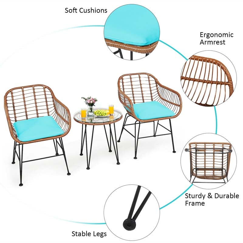 3 Pcs Patio Conversation Bistro Set Outdoor Rattan Furniture Set with Round Table & 2 Rattan Cushioned Armchairs