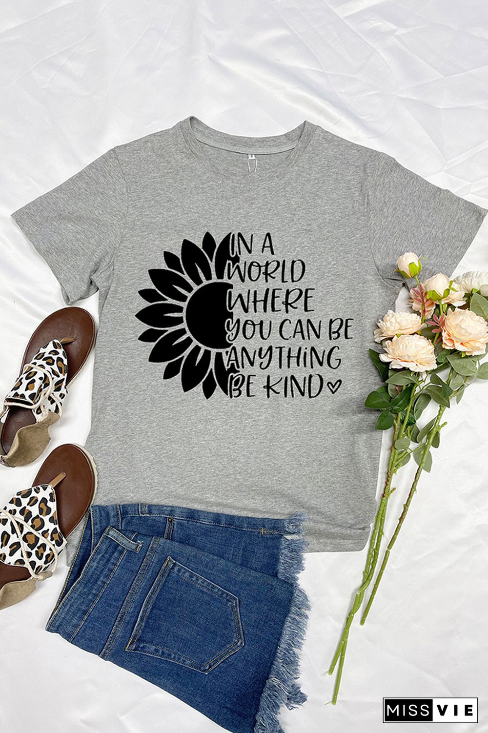 Sunflower & Letters Print Graphic Tees for Women Wholesale Short Sleeve T shirts Top