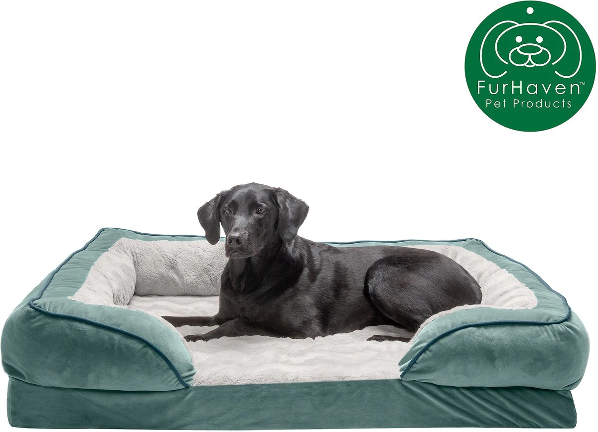 FurHaven Velvet Waves Perfect Comfort Orthopedic Sofa Cat and Dog Bed， Celadon Green， Jumbo