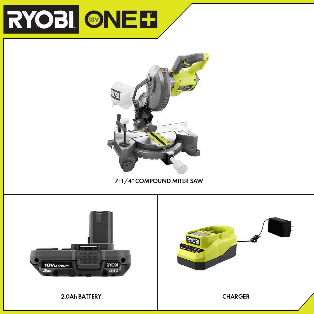 RYOBI ONE+ 18V Cordless 7-14 in. Compound Miter Saw with 2.0 Ah Battery and Charger P553-PSK005