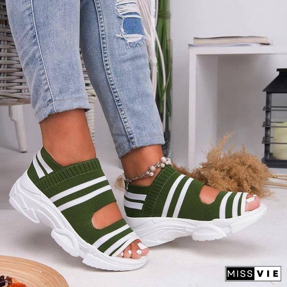 New Women Sandals High Heels Platform Women Shoes Summer Casual Female Sneakers Knitting Slip On Peep Toe Women Sandals