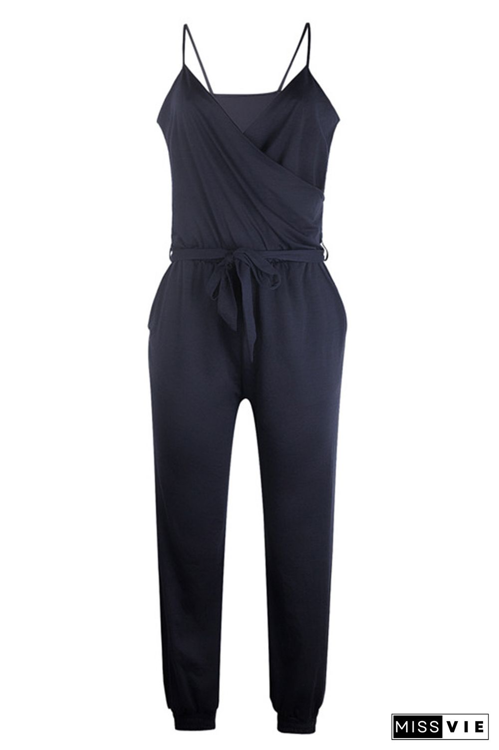 Navy Solid Color Slip Jumpsuit With Belt