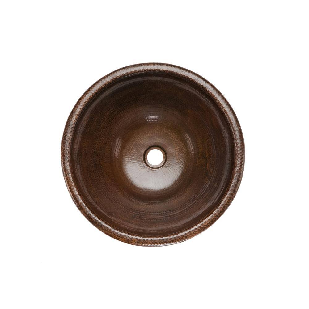 Premier Copper Products Self-Rimming Small Round Hammered Copper Bathroom Sink in Oil Rubbed Bronze LR14RDB