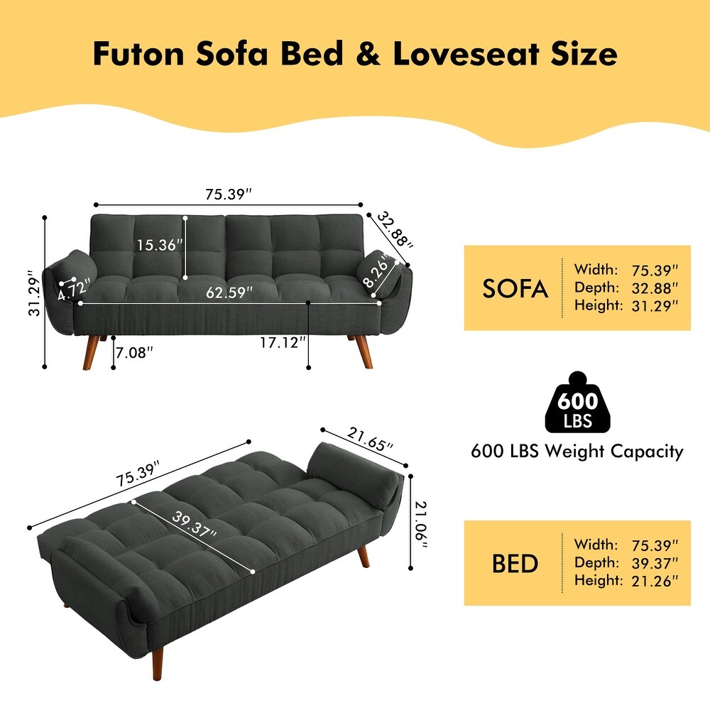 75.39 IN. Futon Sofa Bed  Convertible Upholstered Couch Sleeper with Reclining Sleeper Split Tufted Back