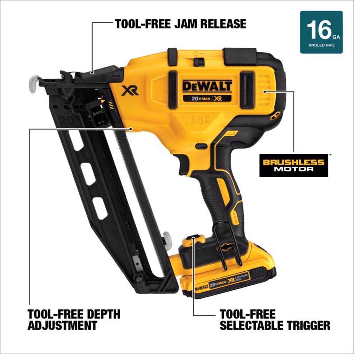 DW 20V MAX XR 16 Ga. Cordless 20 deg Angled Finish Nailer 20 V