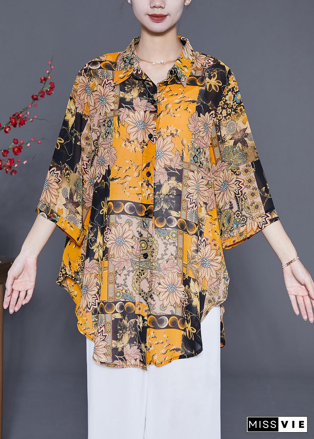 Handmade Yellow Oversized Print Chiffon Shirts Summer