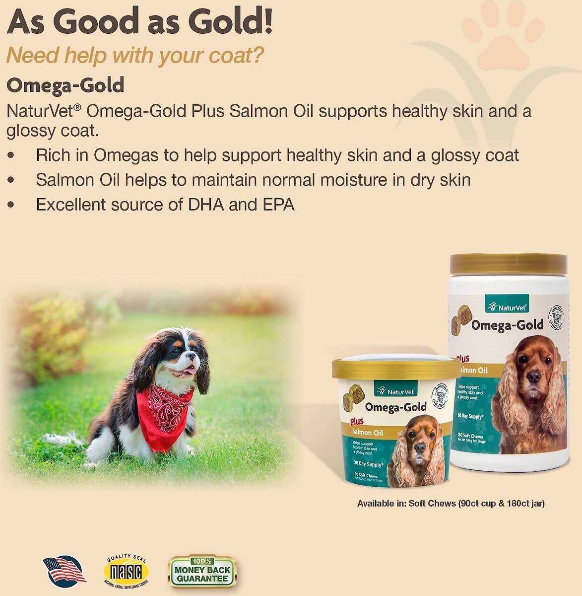 NaturVet Omega-Gold Plus Salmon Oil Soft Chews Skin and Coat Supplement for Dogs and Cats