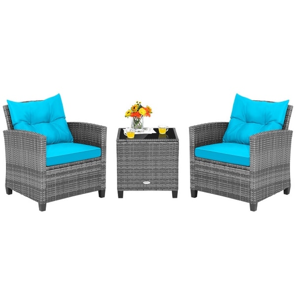 3Piece Outdoor Wicker Patio Furniture Set with Tempered Glass Coffee Table