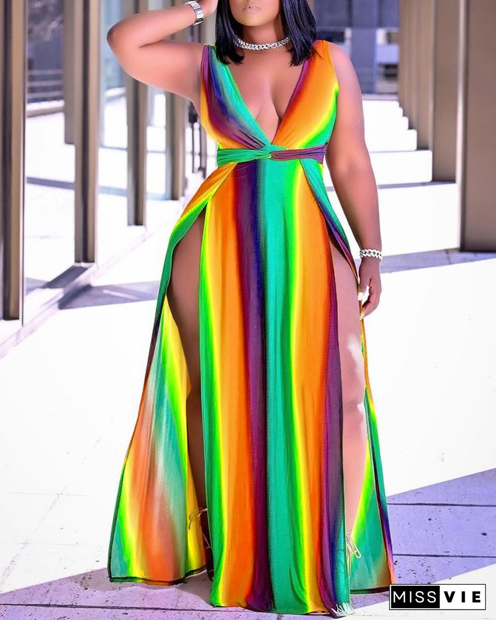 Colorblock High Slit Sleeveless Maxi Dress