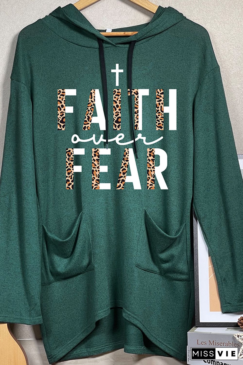 Faith Over Fear Half Leopard Black Print Pockets Hooded Dress Wholesale