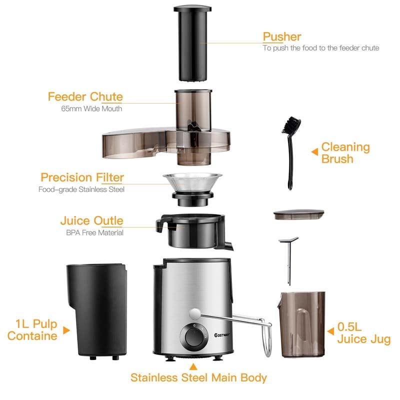 Juicer Machines, 400W Masticating Juicer Extractor, Stainless Steel Centrifugal Juicer with 2.5 Inch Wide Mouth, 2 Speed Modes