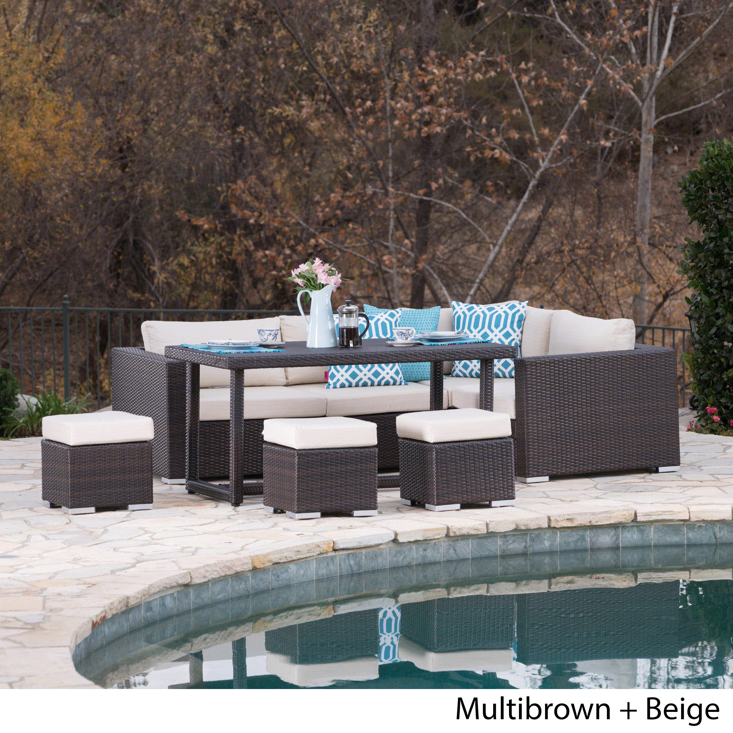 Santa Rosa Outdoor 7 Seat Dining Sofa and Ottoman Set with Aluminum Frame