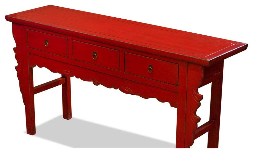 Vintage Distressed Red Elmwood Oriental Console Table with Drawers   Asian   Console Tables   by China Furniture and Arts  Houzz