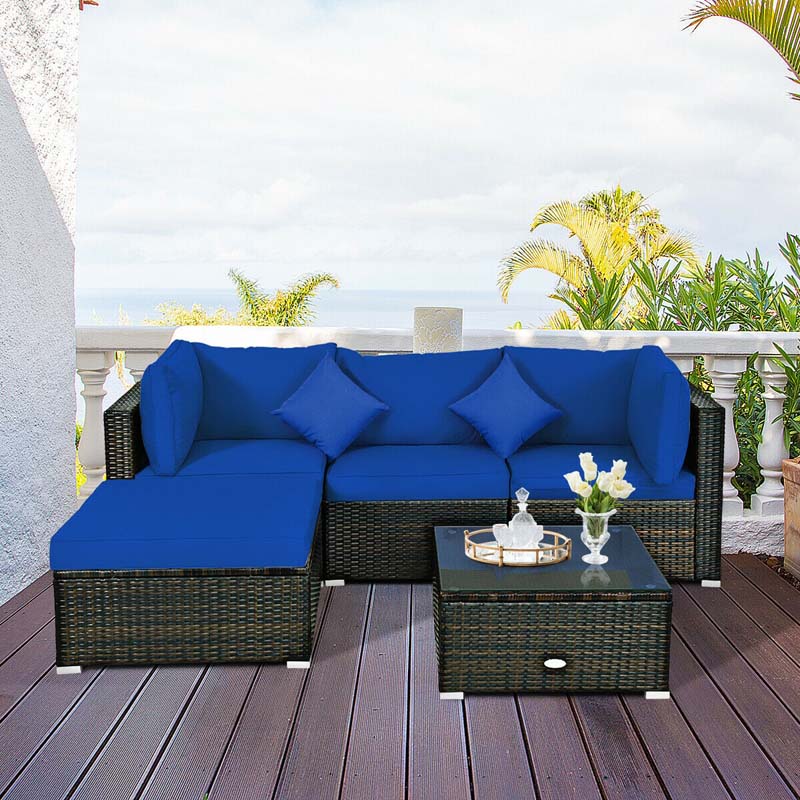 5 Pcs Outdoor Patio Rattan Furniture Sectional Sofa Set Wicker Conversation Set with Cushions