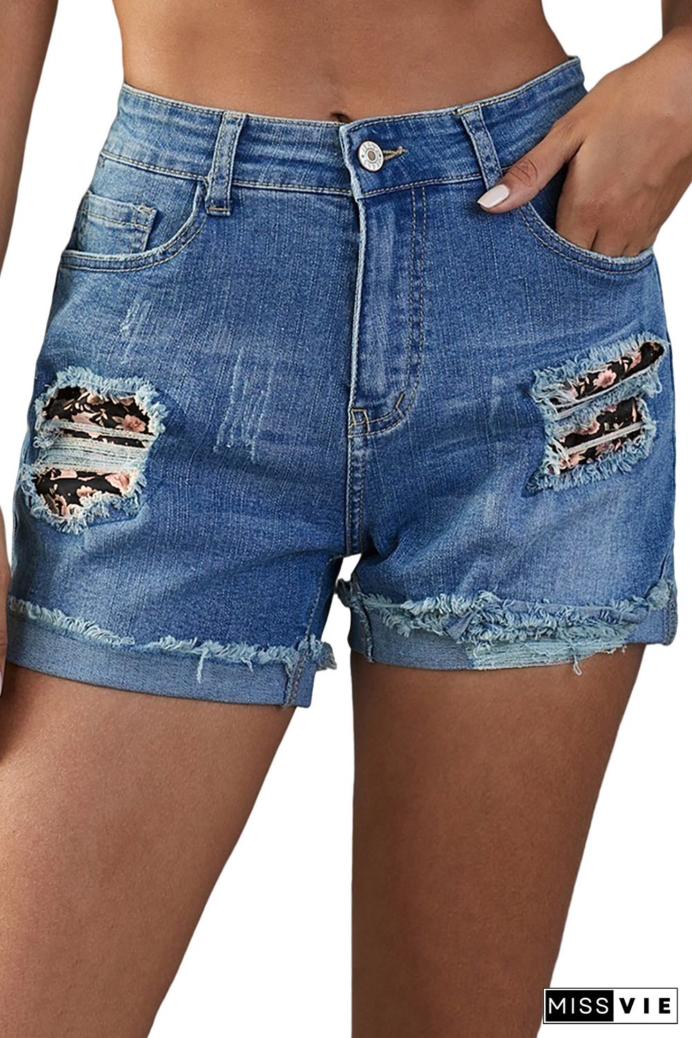 Black Floral Patchwork Rolled Hem Denim Shorts