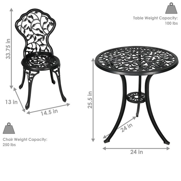 Sunnydaze Floral Design Cast Aluminum Outdoor Patio Bistro Set Black 3pc