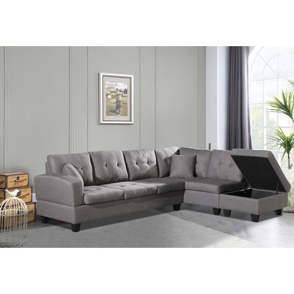 L Shape Stationary Sectional Sofas Fabric Couch with Right Chaise Livingroom Sofa Bed with Storage Ottoman and Pillow