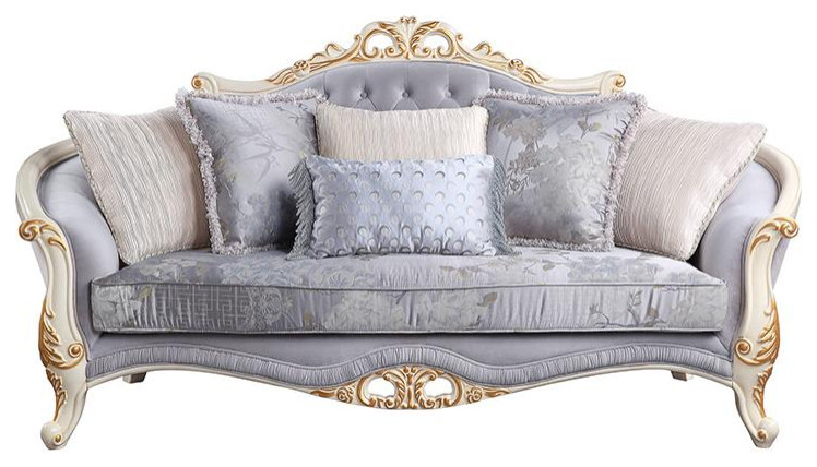 ACME Galelvith Fabric Upholstered Sofa with 5 Pillows in Gray   Victorian   Sofas   by Homesquare  Houzz