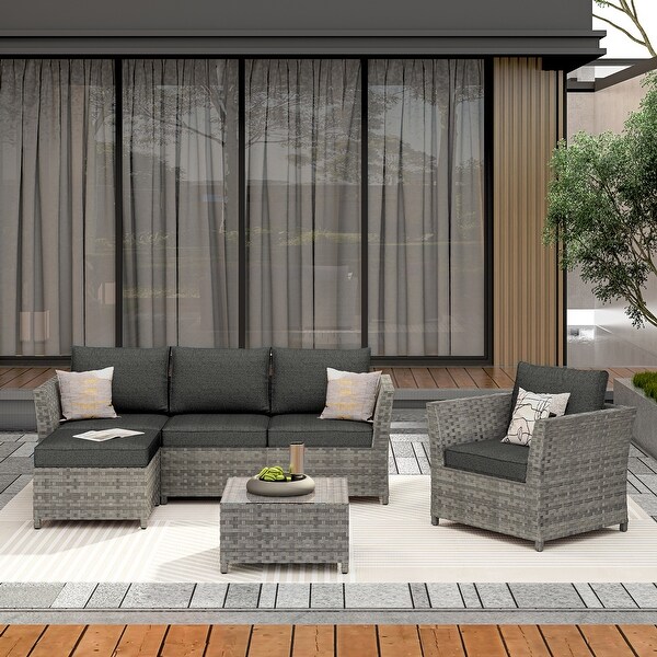 HOOOWOOO Patio Furniture Outdoor 6piece Grey Rattan Sectional Set with Ottoman