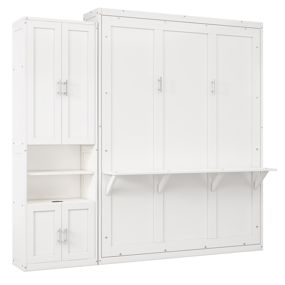 White Queen Folding Wall Bed Folding Platform Bed with 1 Cabinet Storage   Save Space Murphy Bed Desk Combo Chest Cabinet Bed