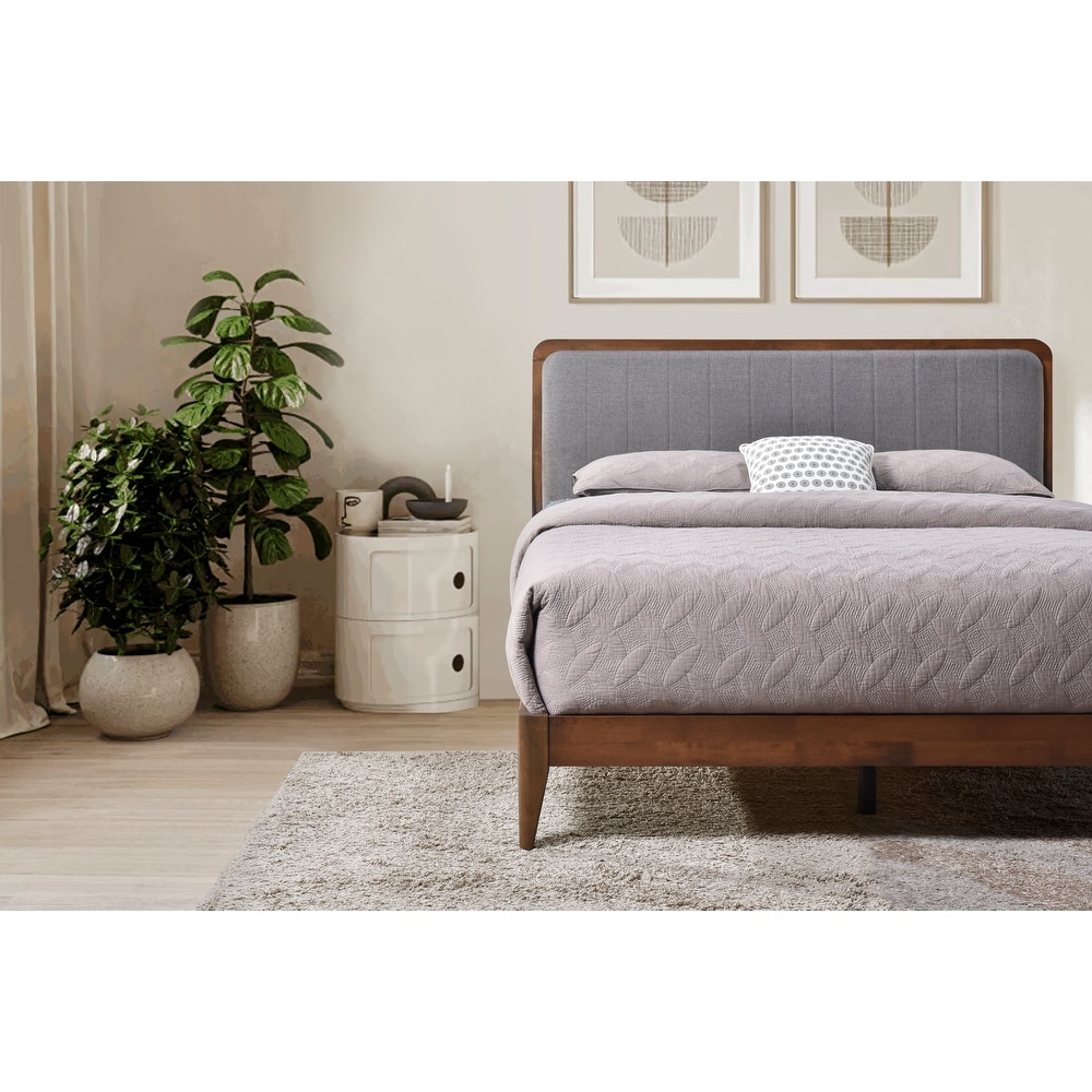 Raven Grey Upholstered Walnut Wood Queen Platform Bed Frame