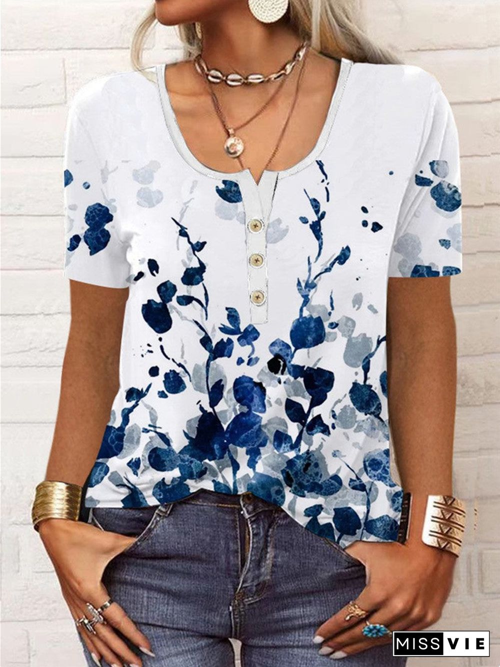 Women's Short Sleeve Round Neck Floral Print Casual Top T-Shirt