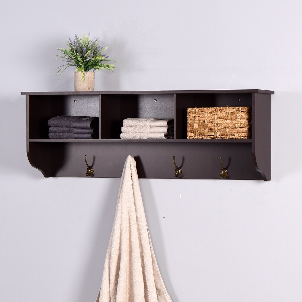 Wall Mounted Coat Rack W/ 4 Dual Hooks  Wood Storage Shelf Small Space