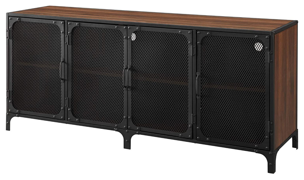 Industrial Entertainment Center  Metal Mesh Doors  Dark Walnut Finish   Industrial   Entertainment Centers And Tv Stands   by Decorn  Houzz