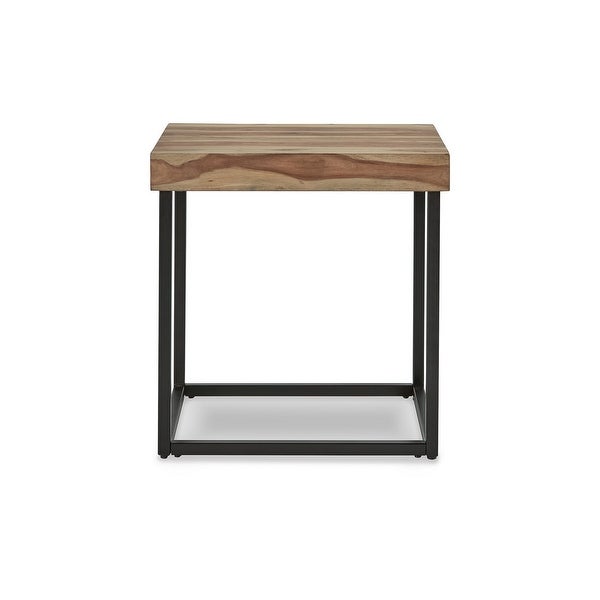 24 Inch Square Side End Table， Natural Brown Wood Top， Black Metal Base