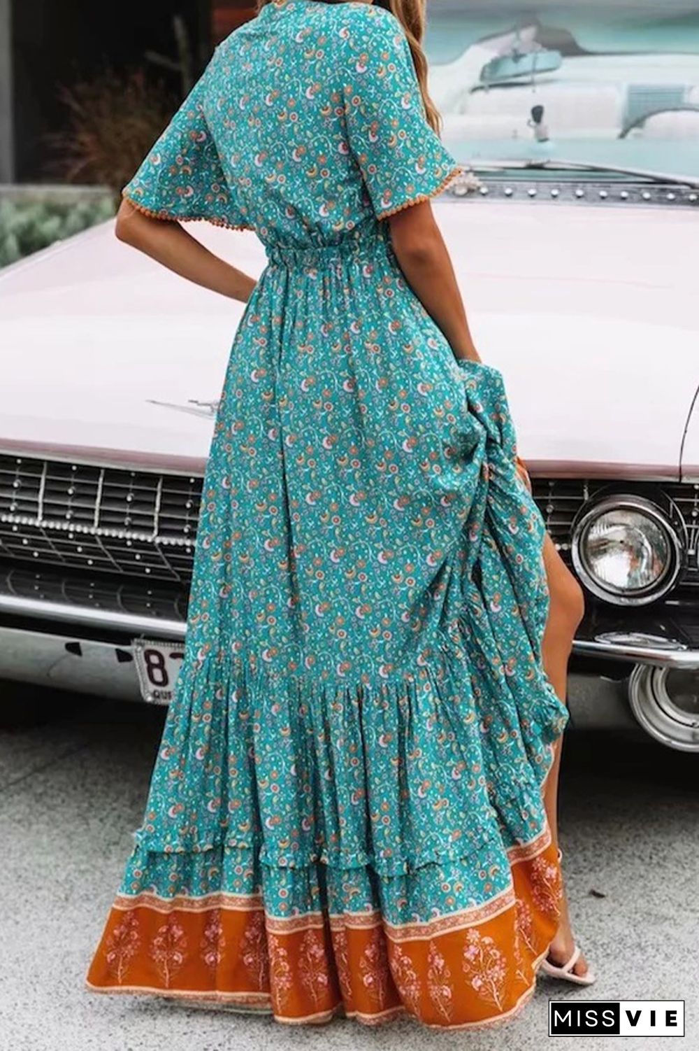 V Neck Buttoned Boho Print Maxi Dress