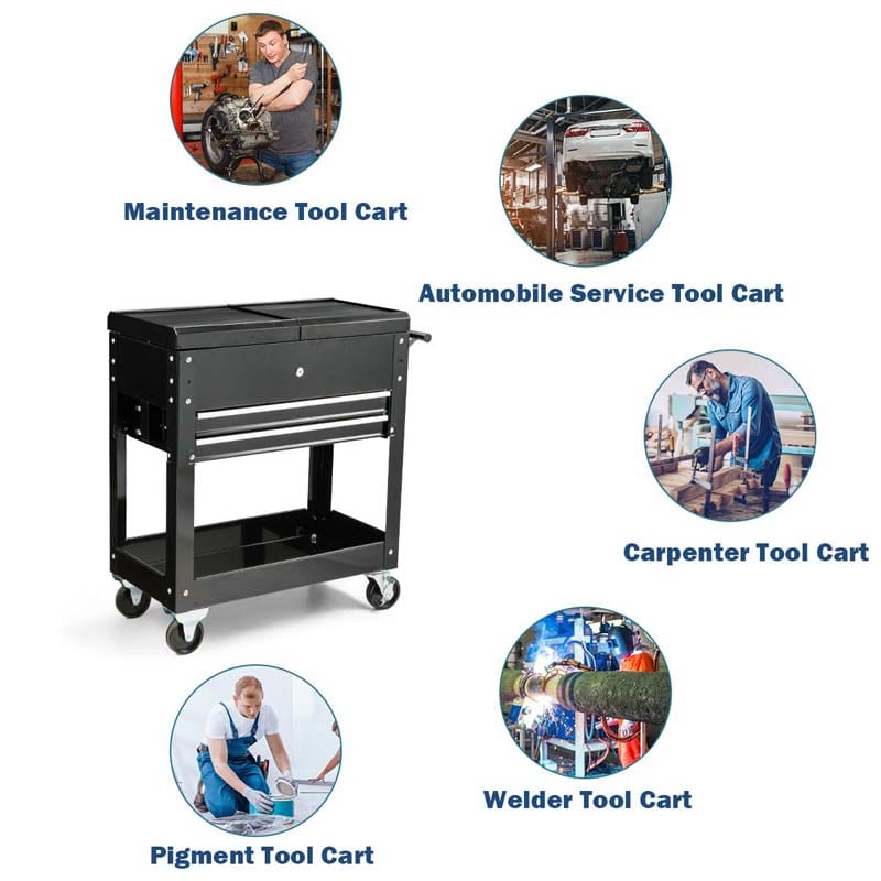 Portable Rolling Tool Cart 2-Drawer Tool Storage Cabinet Metal Toolbox Organizer with Slide Top