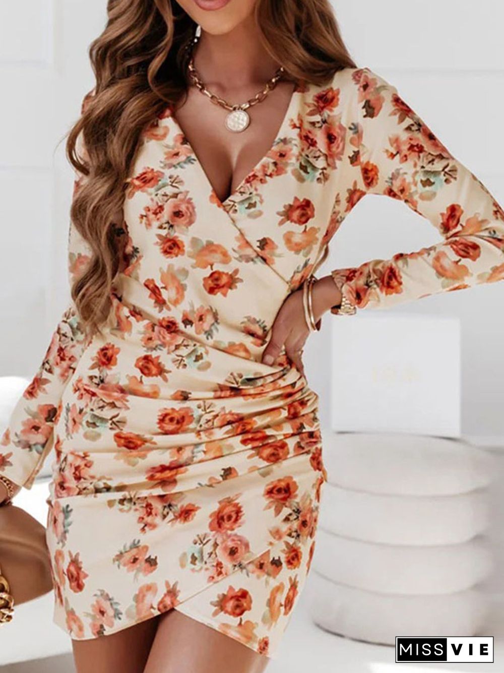 Autumn Women's Elegant Floral Bodycon Mini Dress Fashion V-neck Long Sleeve Folds Slim Party Dresses For Women Sundress