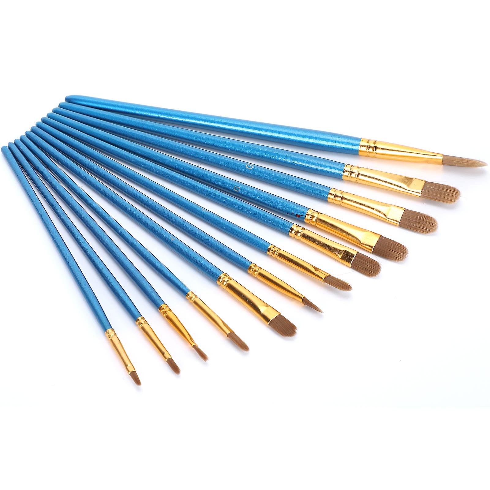 12pcs Round Tip Nylon Brushes Set Blue Wooden Penholder Aluminium Tube Artist Drawing Tools