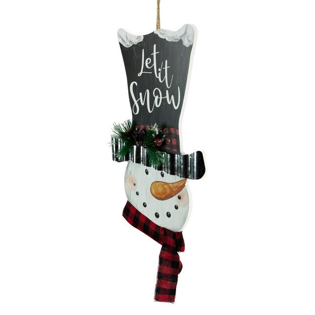 Wooden x27 let It Snow x27 Snowman With Plaid Scarf Christmas Wall Sign