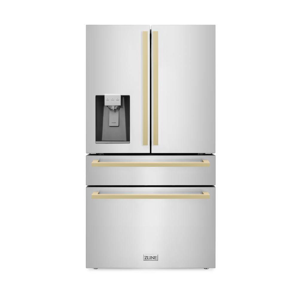 ZLINE Kitchen and Bath Autograph Edition 36 in. 4-Door French Door Refrigerator with Square Champagne Bronze Handles in Stainless Steel RFMZ-W-36-FCB