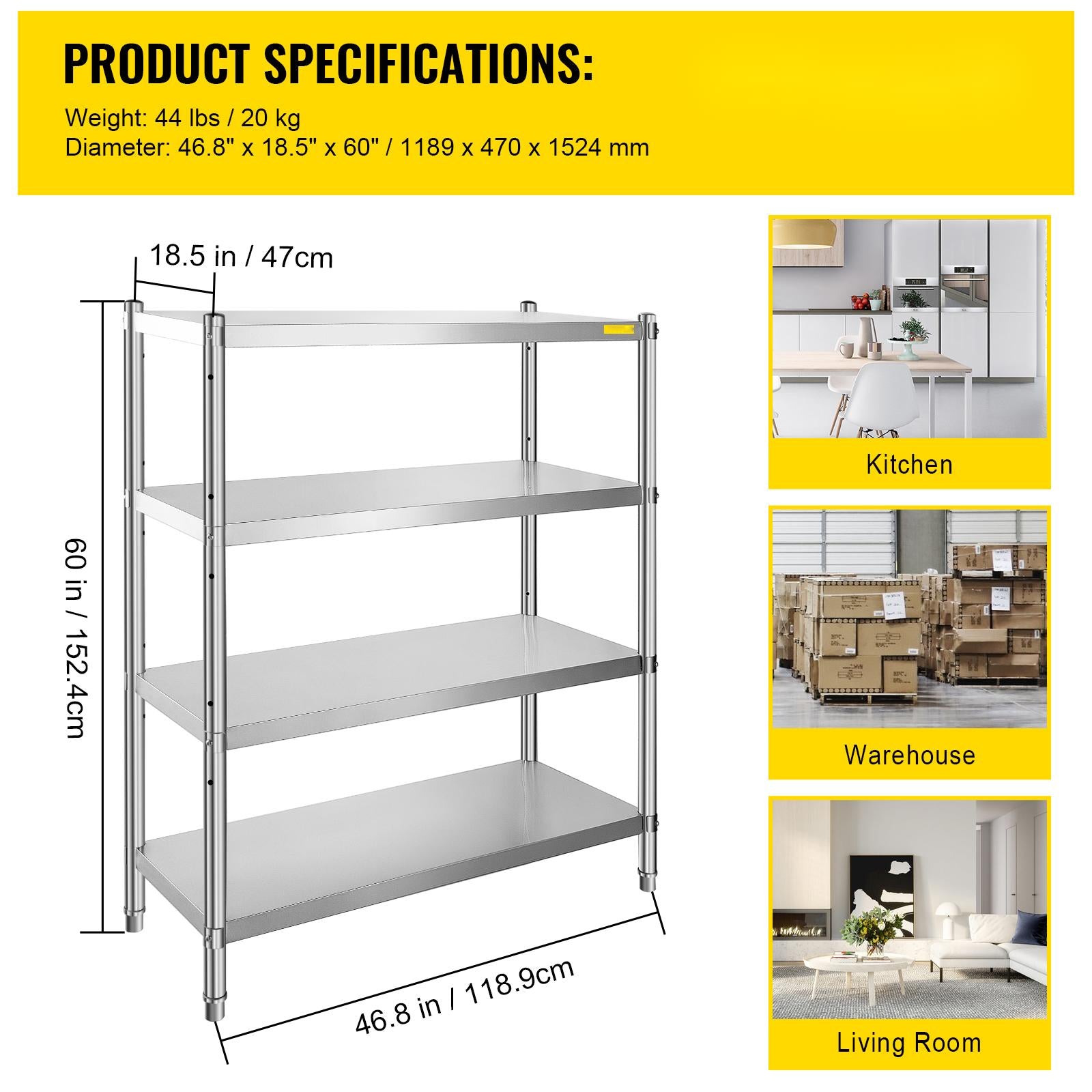 BENTISM 46.8x18.5 inch Stainless Steel Shelf Heavy Duty Shelf 4 Tire Rack Kitchen Shelf Storage