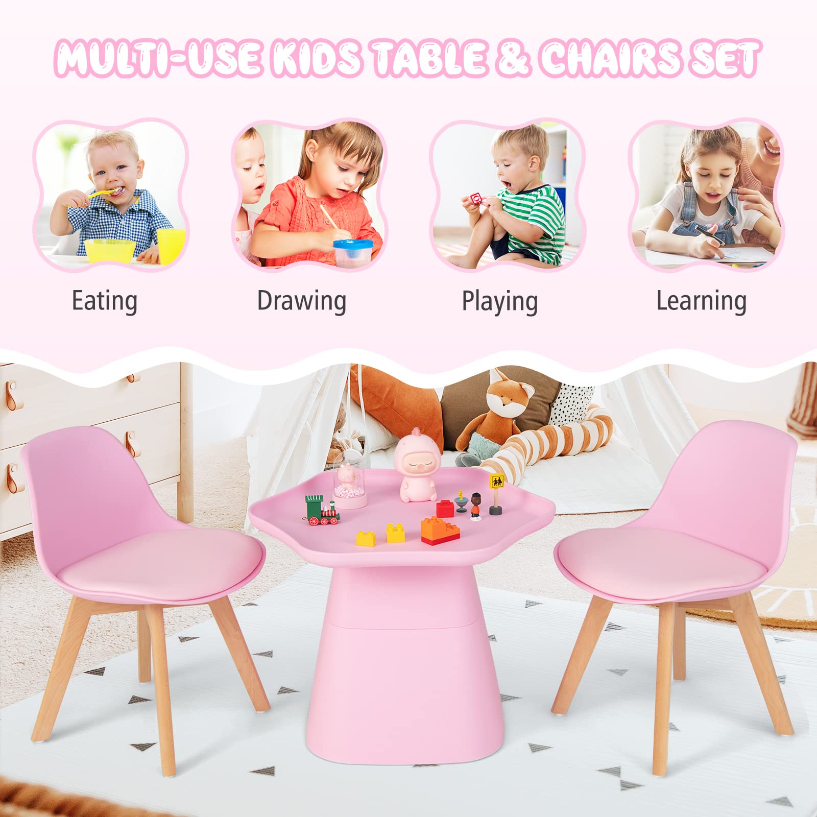 Costzon Kids Table and Chair Set, 3 Piece Activity Table with Padded Seat & Beech Legs for Children