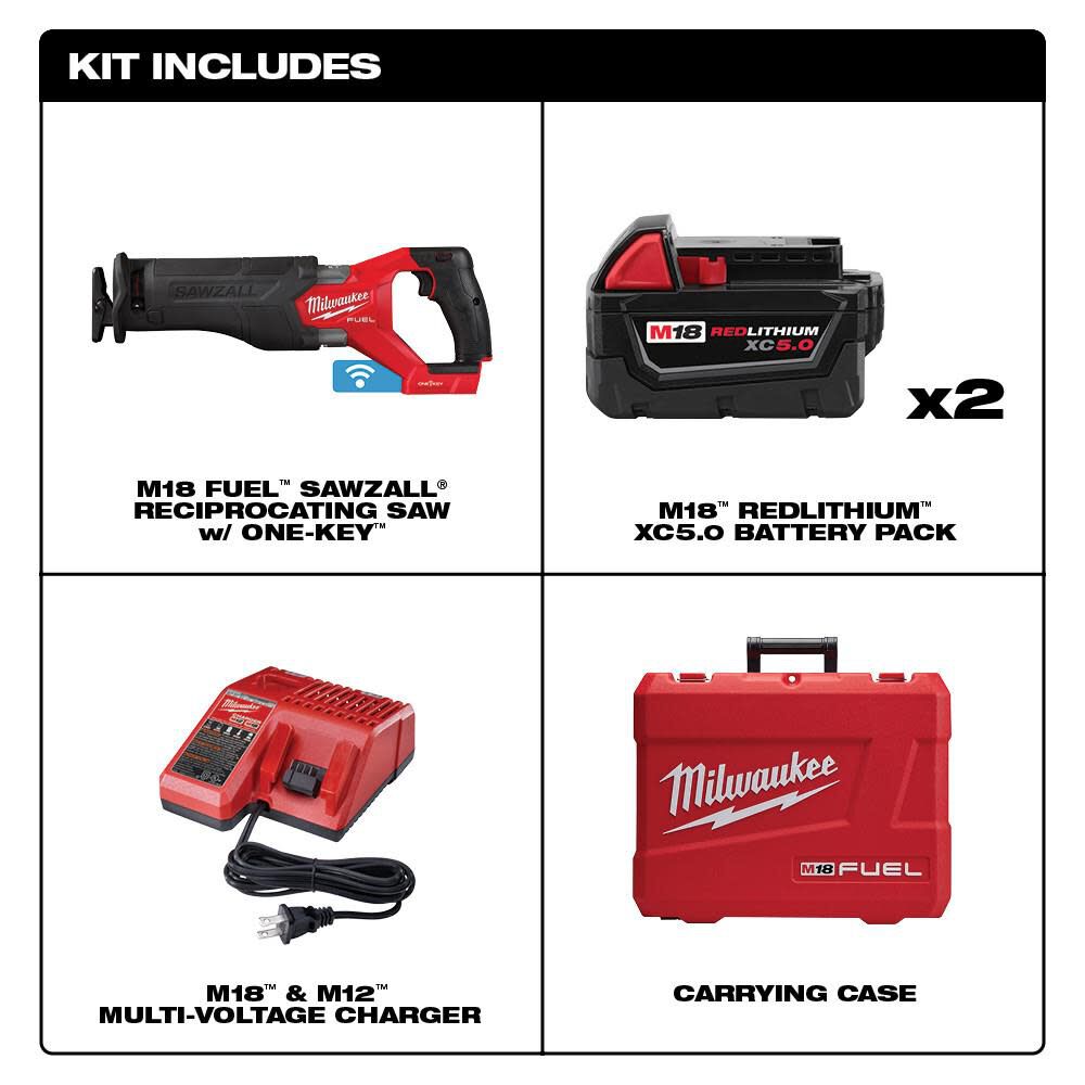 Milwaukee M18 FUEL SAWZALL Reciprocating Saw with ONE-KEY - 2 Battery XC5.0 Kit 2822-22 from Milwaukee