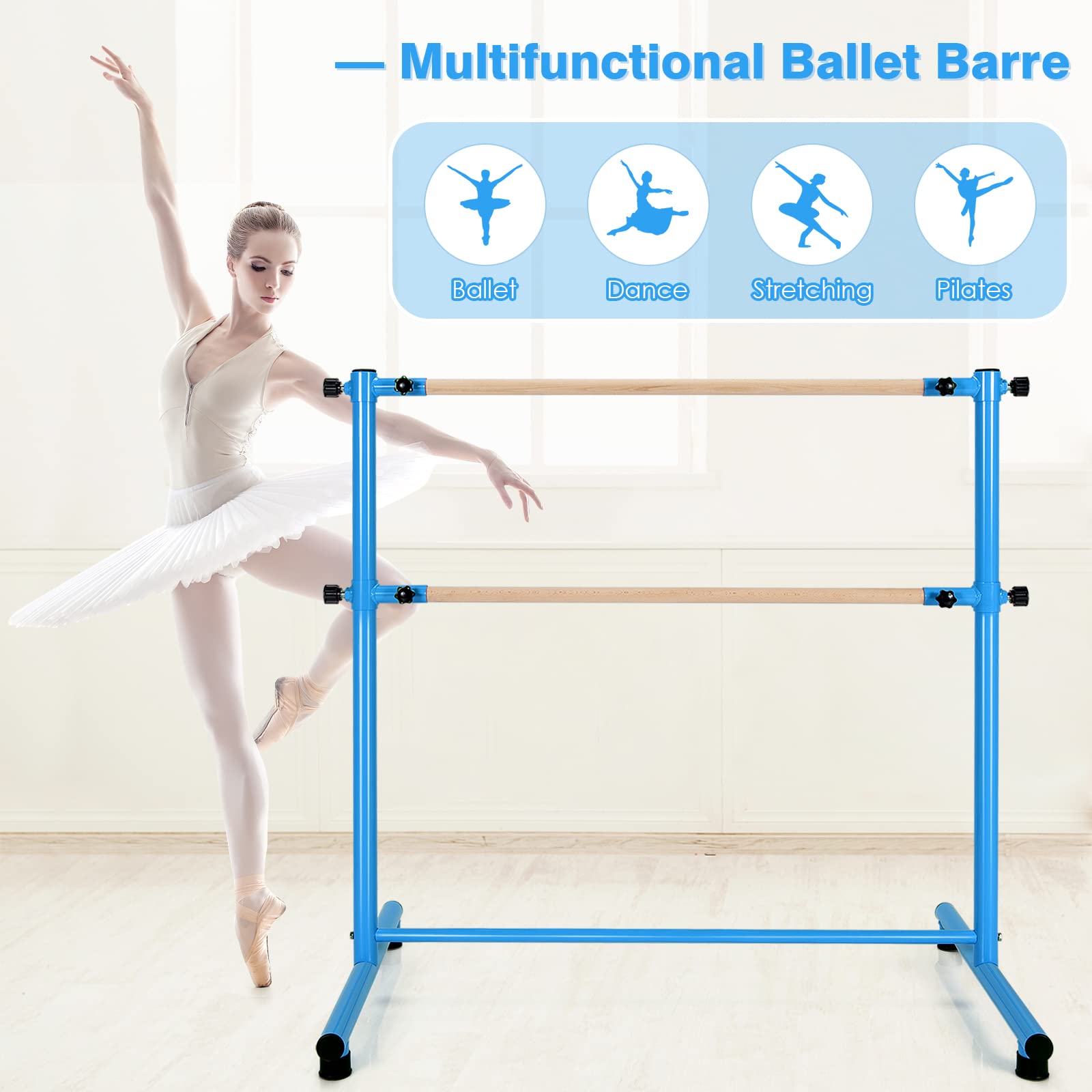 Costzon Portable Ballet Barre, 4FT Height Adjustable Double Wood Bar, Freestanding Fitness Dance Bar