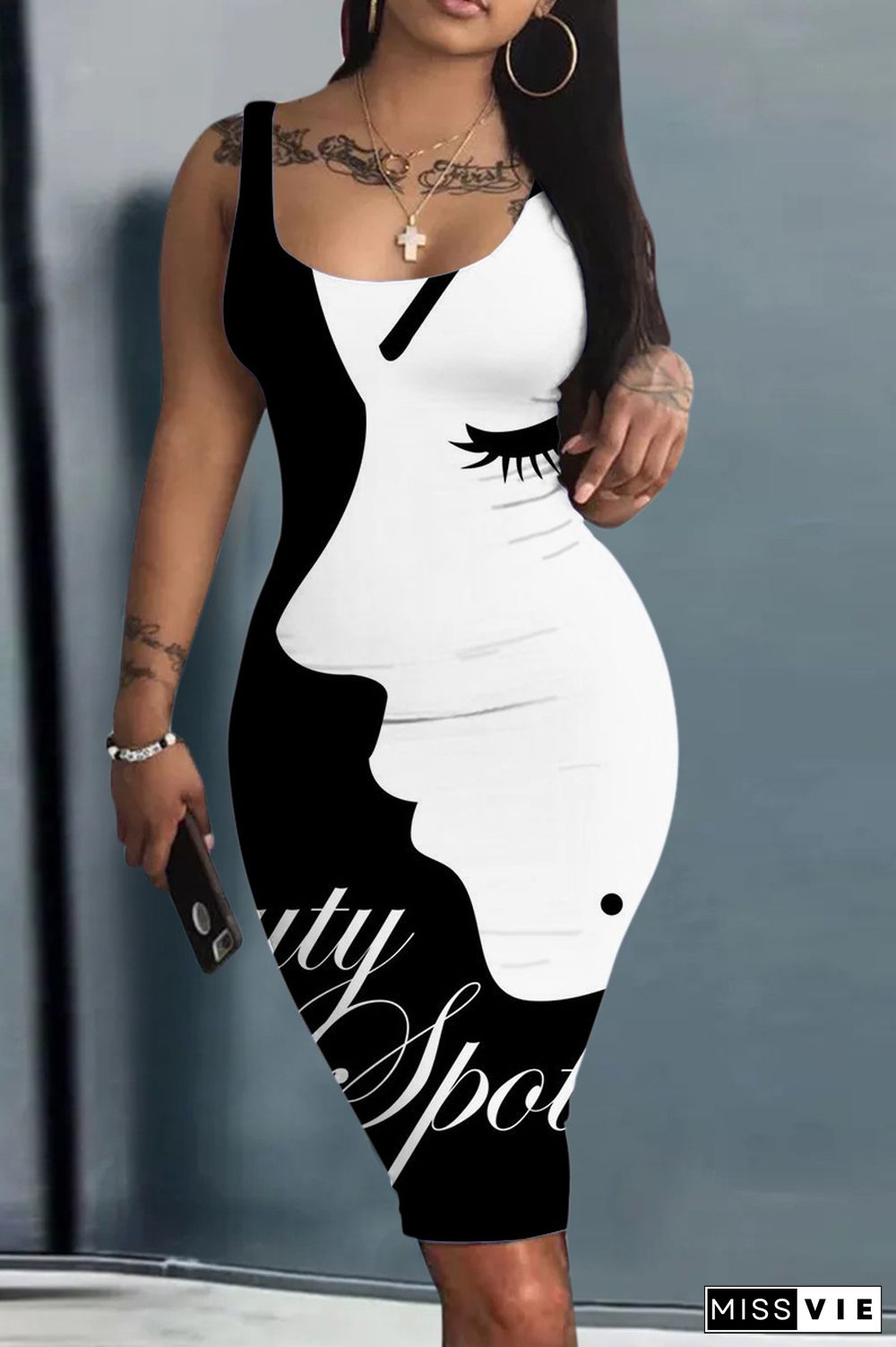 Gray White Sexy Street Print Patchwork U Neck Pencil Skirt Dresses