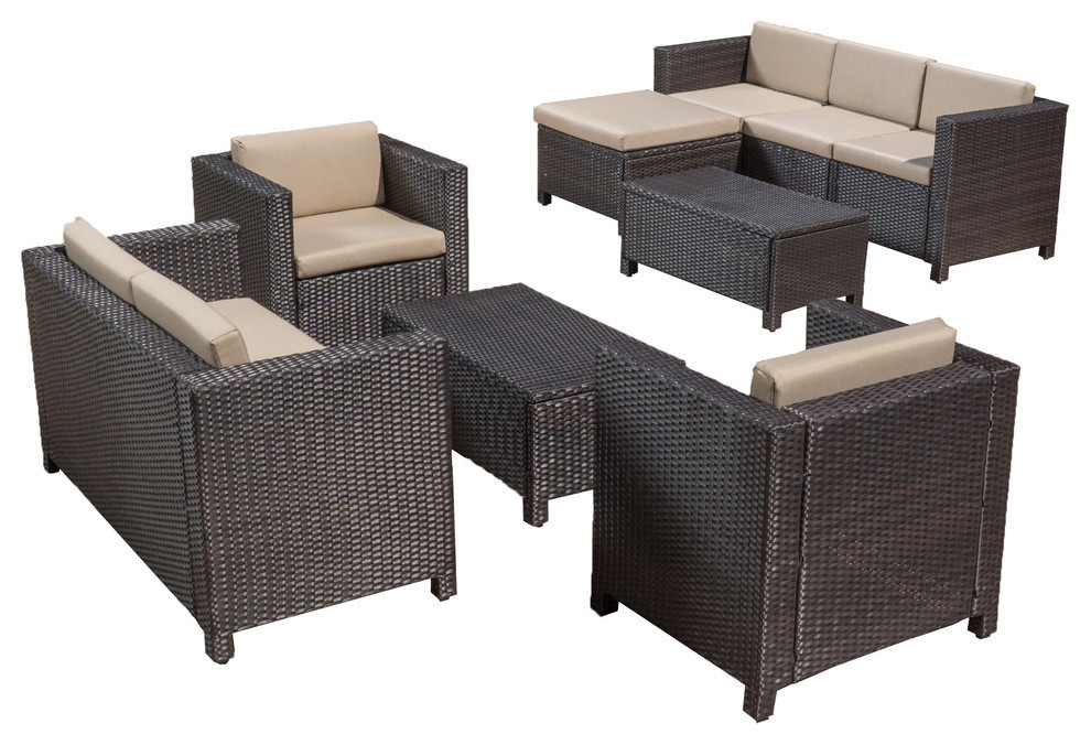 GDF Studio 9 Piece Cardis Brown and Beige Outdoor Wicker Set   Tropical   Outdoor Lounge Sets   by GDFStudio  Houzz